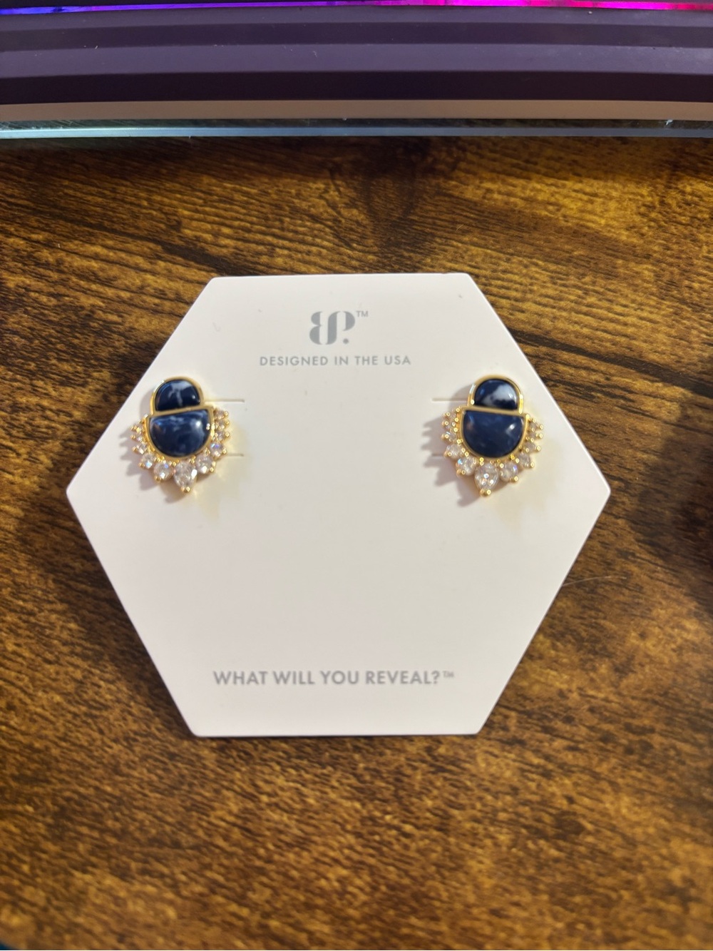 bp Gold-Tone Navy Blue Crystal Halo Stud Earrings